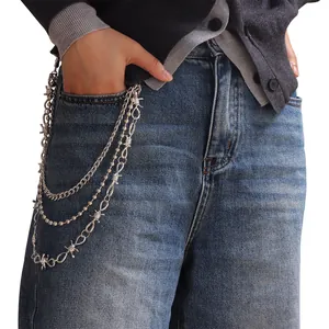 Close-up of three-layer silver punk hip-hop pants chain with thorn and bead elements