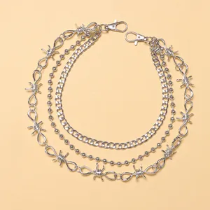 Three-layer silver barbed wire hip-hop wallet chain with punk style flat and bead links