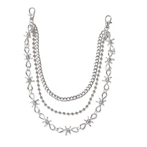 Punk style multilayer silver metal hip-hop pants chain with barbed wire and ball link design