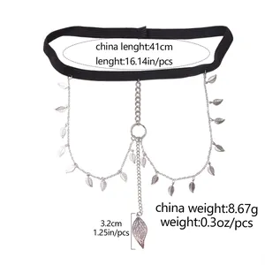 Detail of bohemian leaf pendant leg chain with size and weight measurements on white background