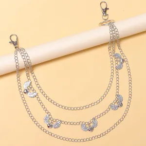 Three-layer silver metal pants chain with winged heart pendants for punk fashion styling