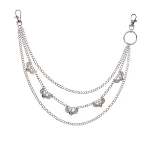 Silver multi-layer pants chain with heart wing pendants and lobster clasps