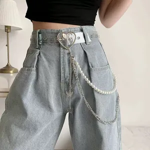 Double-layer hip-hop waist chain with pearls, metal butterflies and heart buckle