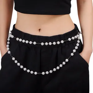 Chaîne de taille double couche en argent avec boules en strass étincelantes et perles noires