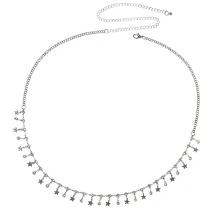 Silver body chain with star pendants and rhinestones, adjustable waist link for women