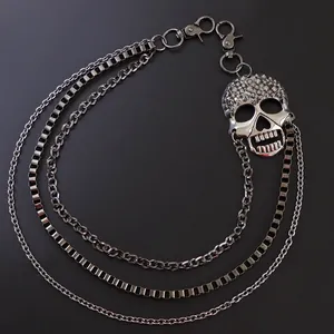 Three-layer punk skull wallet chain with heavy metal links and lobster clasps for jeans