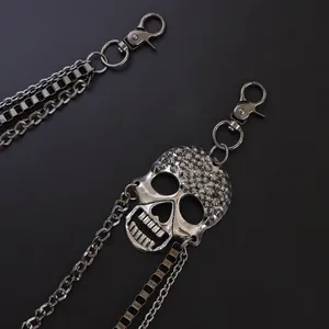 Triple layer punk skull trouser chain with metallic rivets and lobster clasps for bikers