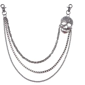 Punk silver multi-layer waist chain with gothic skull pendant and metallic rivets