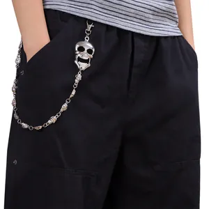 Chaîne de Pantalon en Alliage de Zinc Punk Rock Avec Grand Pendentif Tête de Mort Double Fermoir Homard Argent Hip Hop