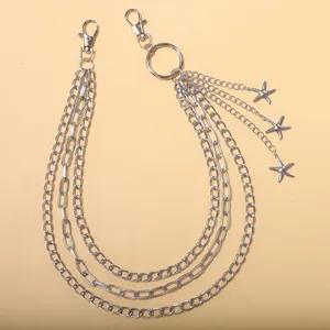 Mehrlagige silberne Metall-Taillenkette mit Seestern-Anhängern und Karabiner für Streetwear