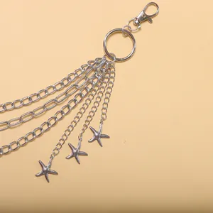 Silberne mehrlagige Taillenkette mit Seestern-Anhängern und Karabiner für Hip-Hop-Style
