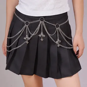 Gothic Punk Multilayer Metal Waist Chain With Cross Pendant Hollow Ring Body Chain For Women Fashion Jewelry Accessories