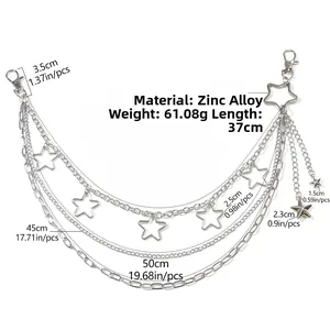 Detail view of multi-layered zinc alloy waist chain featuring hollow star pendants and clasps