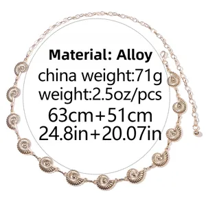Detail of gold seashell metal waist chain showing alloy shell pendants and lobster clasp