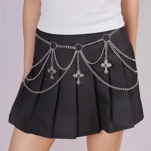 Punk style multilayer silver metal waist chain with cross pendants and black gemstones