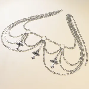 Gothic multi-layer silver waist chain with hollow rings and engraved cross pendants
