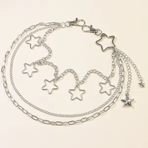 Silver multi-layer waist chain with hollow stars and lobster clasps for punk style