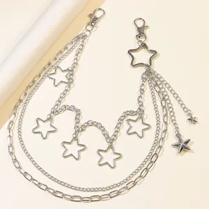 Multilayer silver metal trousers chain featuring cutout star charms and lobster clasps