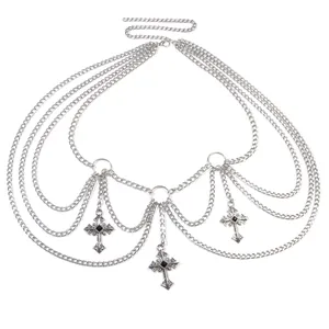 Multilayer silver metal body chain featuring cross pendants and black square gemstones