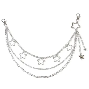 Multi-layer silver metal waist chain featuring hollow star charms and lobster clasps