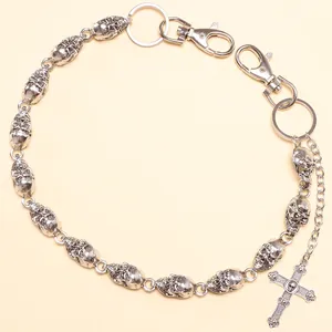 Hip hop silver metal pants chain with skull links and a hanging cross pendant