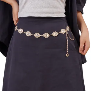 Vintage Gold Metal Waist Chain For Women Sunflower Rhinestone Crystal Inlaid Belt For Dress Adjustable Link Chain Jewelry Accessory