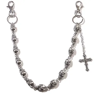 Hip-hop skull cross pants chain with silver punk wallet link and lobster clasps