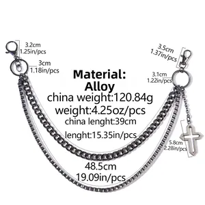 Detail of gun black double-layer hip hop pant chain with cross pendant and alloy texture