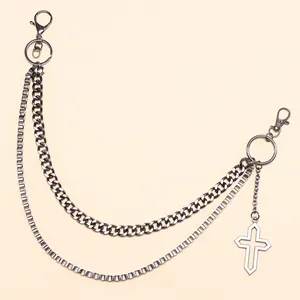 Double-layered gunmetal hip hop pants chain with cuban links and cross pendant
