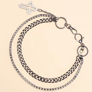 Detail of gunmetal double-layer pants chain with hollow cross pendant and lobster clasp