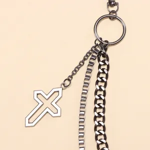 Gunmetal layered cross pendant chain accessory for jeans and bags in hip-hop street style