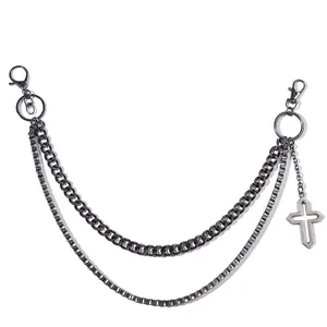 Double-layered gunmetal hip hop wallet chain with cross pendant for streetwear denim look