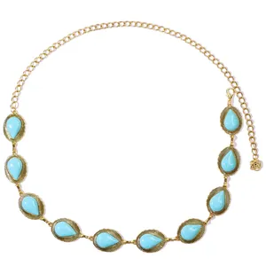 Bohemian gold waist chain with teardrop turquoise stones and vintage floral charm