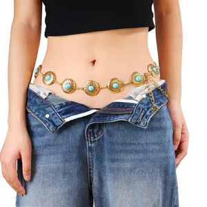 Vintage silver metal waist chain with sun pattern engravings and turquoise beads for women