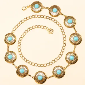 Bohemian gold metal waist chain with turquoise sunflower medallions and rose pendant