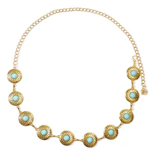 Vintage silver metal waist chain with turquoise inlay and sunflower floral engravings