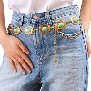 Ceinture Chaîne de Taille Bohème Vintage en Alliage Avec Incrustation de Turquoise Pour Femme Or Style Western Ajustable Bijoux de Corps