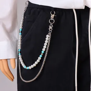 Y2K Doppelschicht Taillenkette Für Damen Herren Künstliche Perle Türkisfarbene Perlen Silber Legierung Box Kette Hosenkette Jeans Zubehör