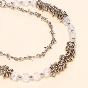 Double-layer punk thorn chain with silver alloy links and transparent acrylic beads