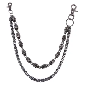Men's hip hop double layer pants chain with skull beads and gunmetal lobster clasps
