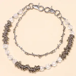 Punk double-layered silver chain with thorns and transparent beads for bags or pants