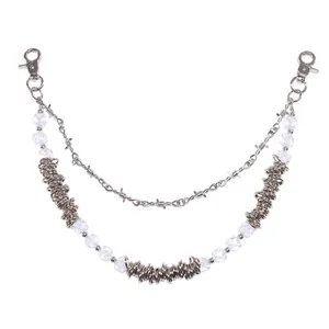 Punk style double-layer silver chain with thorn wire design and beads on white background