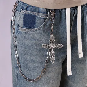 Punk Gothic Legierung Strass Kreuz Anhänger Hosenkette Gunmetal Hip Hop Streetwear Taille Kette Für Herren Damen Modeschmuck