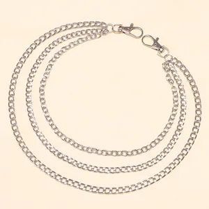 Detailed view of triple-layered silver hip-hop trousers chain with lobster clasps