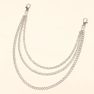 Close-up of triple-layered silver metal hip hop trousers chain with lobster clasps