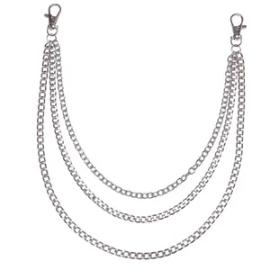 Three-layer silver metal hip hop pant chain with lobster clasps for street fashion style