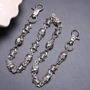 Punk silver alloy chain with 3D skull and barbed wire charms featuring spring hooks
