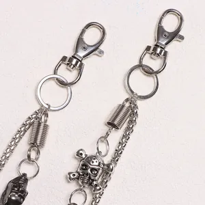 Punk style silver skull trouser chain with double layered metal links and spring charms