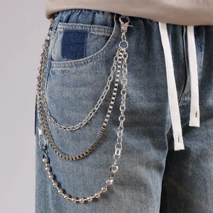Dreilagige silberne Hosenkette aus Metall mit klassischen Ring-, Box- und Perlenketten