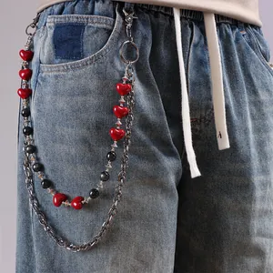 Cadena de Pantalones Gótica con Corazón Rojo y Cuentas Ojo de Gato de Aleación Metal Doble Capa para Vaqueros Punk Joyería
